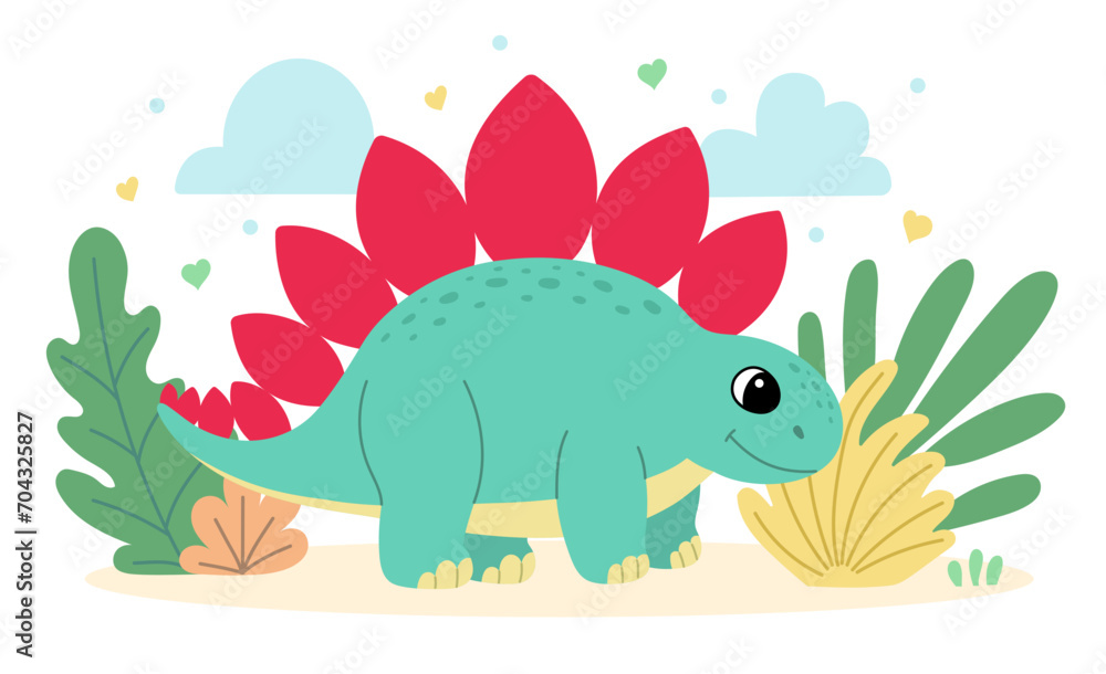 Cute dinosaur stegosaurus flat illustration of a cheerful up historical character.