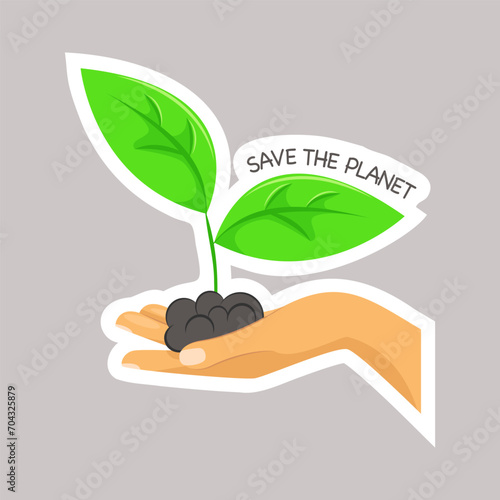 A handful of soil with a seedling in hand, vector ecology sticker - save the planet. Earth day environmental sticker. © diluck