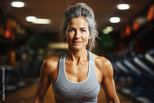 mature elderly woman, pensioner, smiling happily, does lifestyle gymnastics for health in gym.