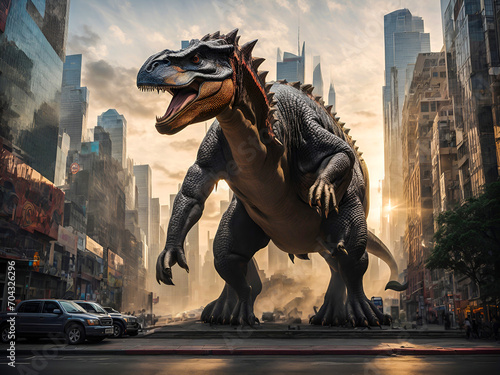 a giant dinosaur emerging amidst the towering buildings of a modern city
