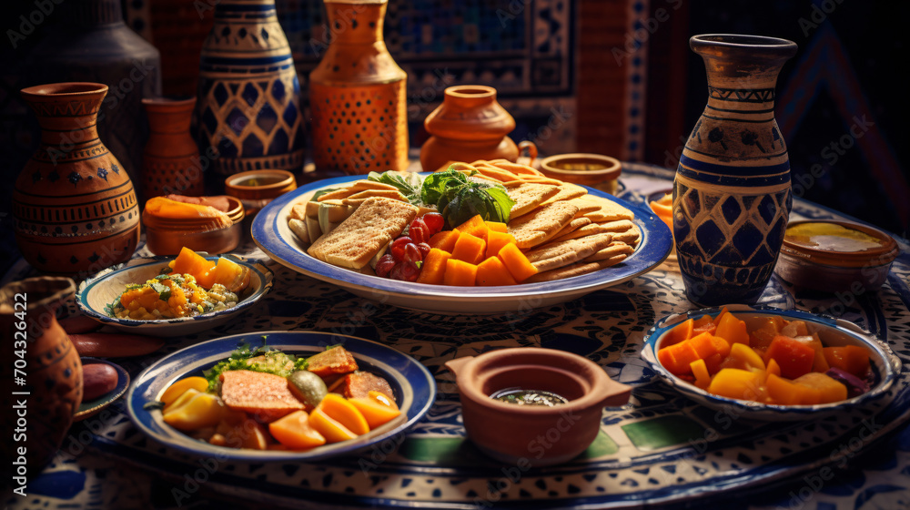 Traditional Marocan breakfast, food, meal, dish, cooking, restaurant, delicious, cuisine, brunch, plate, gourmet, table,  Humus, rice, fruits, tea, bread, eggs, condiments, vegetable, healthy, 16:9