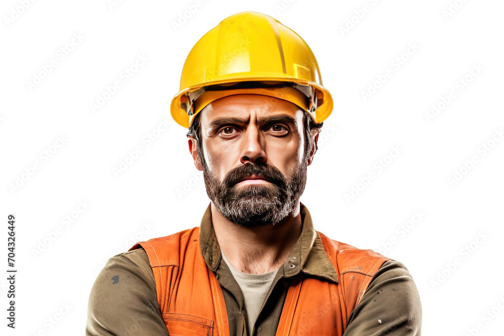 Close-up of a stern male road worker in a uniform, helmet, special clothing, white background isolate. Close-up of a stern male road worker in a uniform, helmet, special clothing, white background isolate.