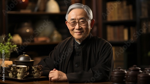 Portrait of a smiling elderly Asian man in traditional clothing