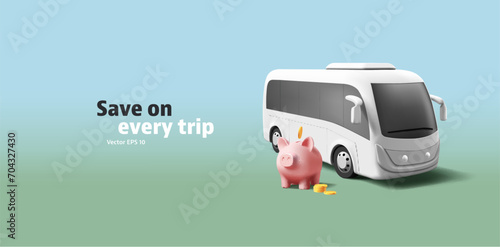 3d realistic bus render illustration with saving piggy and coins, modern public transport concept car