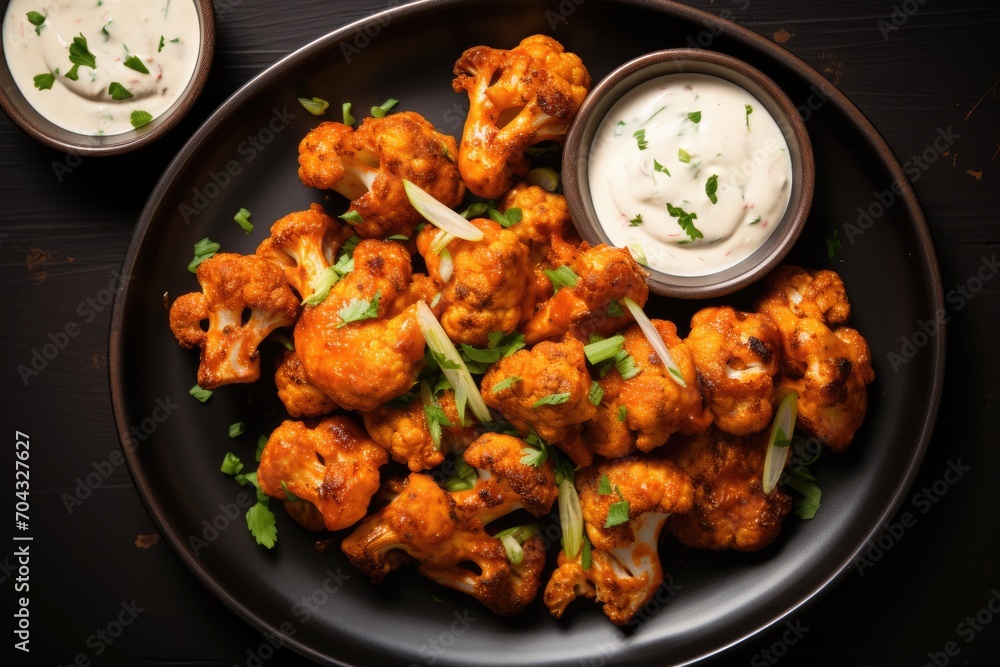 Fototapeta premium cauliflower buffalo wings, bang bang cauliflower, keto cauliflower wings, smoky bbq cauliflower wings (vegan, wfpb), best buffalo cauliflower bites with ranch dipping sauce