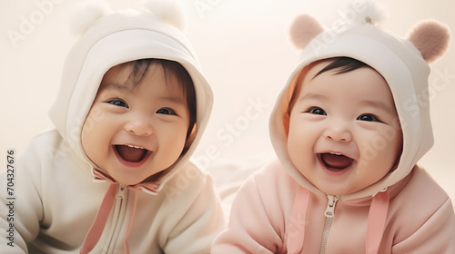 Infantile Joy: Twin Babies in Hooded Onesies Laughing Together
