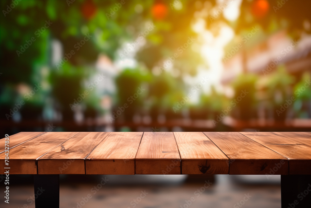 Empty wooden table and blurred greenhouse background for product display Empty wooden table and blurred greenhouse background for product display