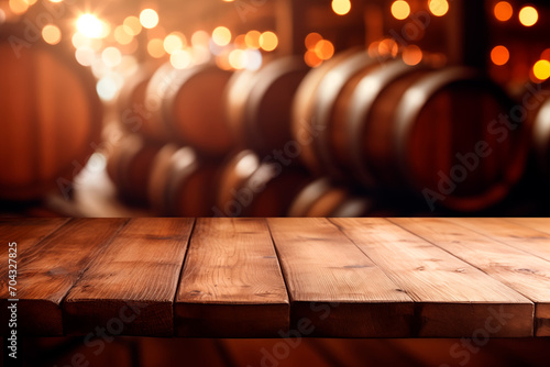 empty wooden table in front blurred wine cellar in the background. winery and beverage concept, background for product display photo
