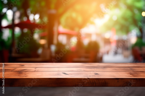 Empty wooden table and blurred greenhouse background   for product display