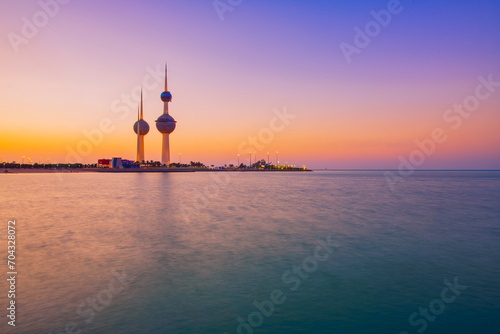 .View of the Kuwait skyline - with the best known landmark of Kuwait City - during sunset..