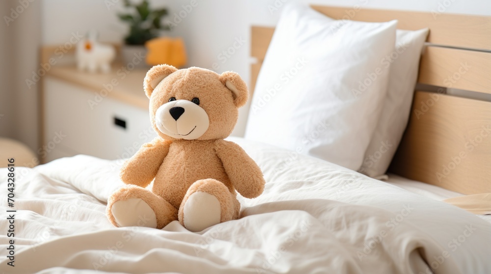 A cute teddy bear sitting on a bed