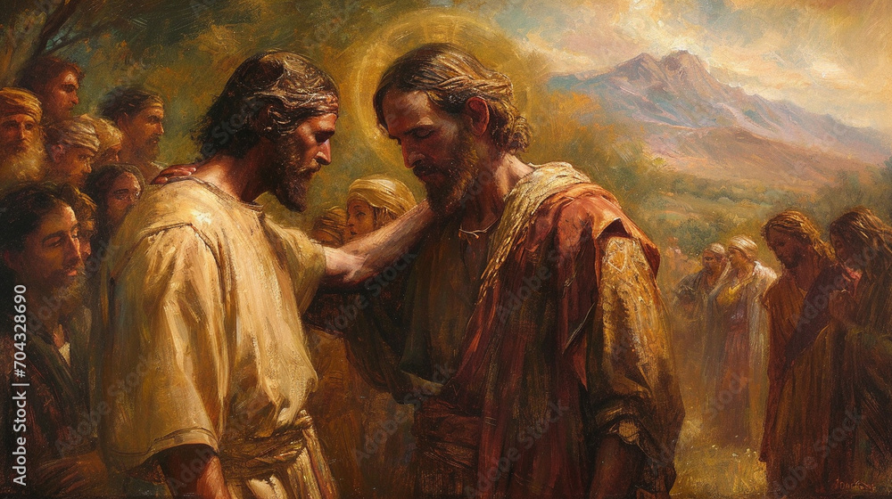 Naklejka premium Healing the Blind Man: A touching depiction of Jesus healing a blind man, showcasing compassion and the transformative power of faith