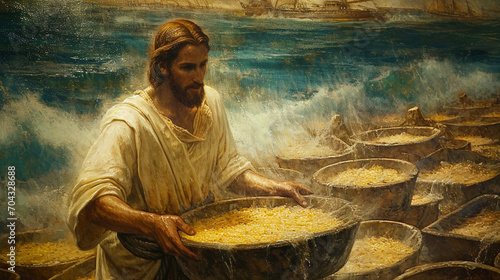 Miraculous Feeding of the 5,000:  A visual representation of Jesus multiplying loaves and fishes to feed the multitude, illustrating divine compassion and abundance photo