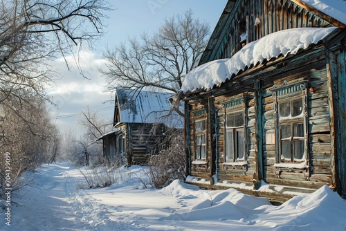 Old wooden house in traditional russian northern village in winter day