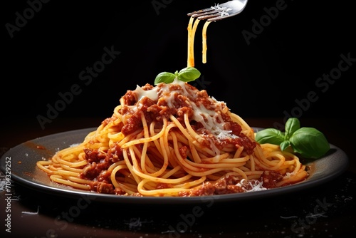 Fresh pasta with hearty Bolognese and parmesan cheese on table cinematic pasta close up 