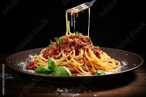 Fresh pasta with hearty Bolognese and parmesan cheese on table cinematic pasta close up  photo