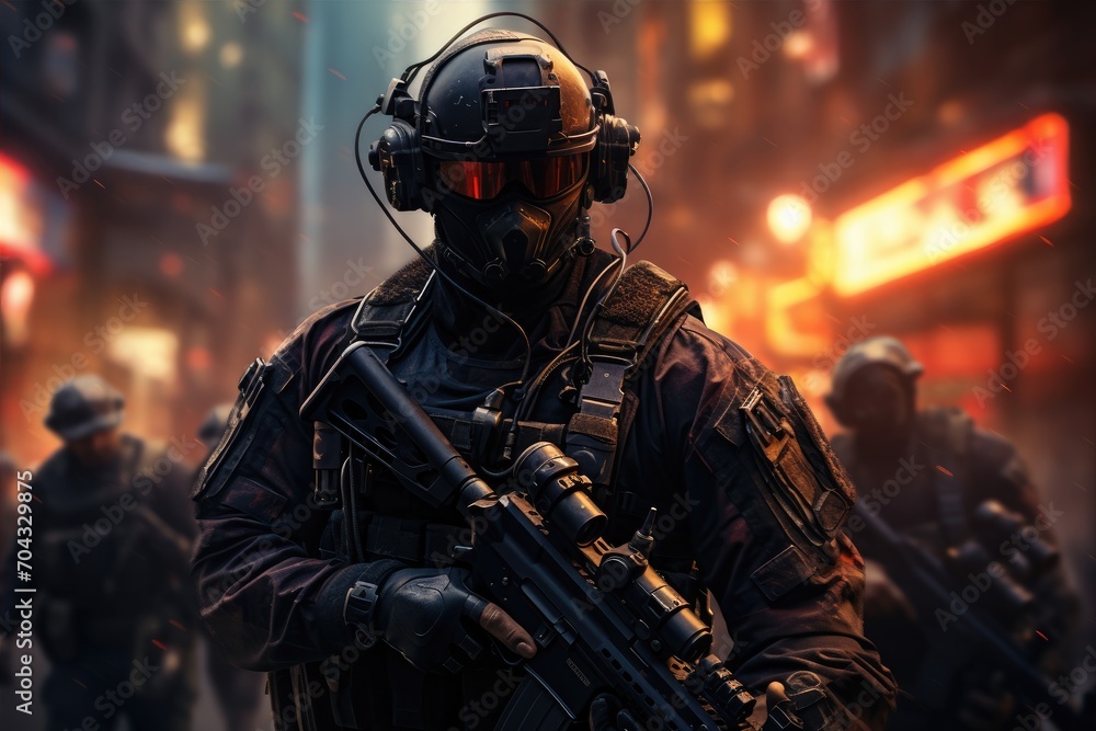 Army soldier wear soldier uniform with large gun weapon, and soldier's helmet