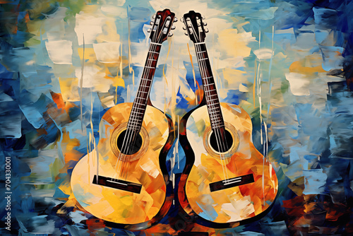 Two Acoustic Guitars Embraced by Textured Blue Pastels Layered Patterns and Nostalgic Impressions