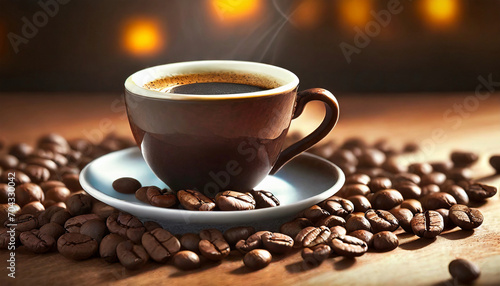 Cup of coffee with beans  hot delicious morning drink