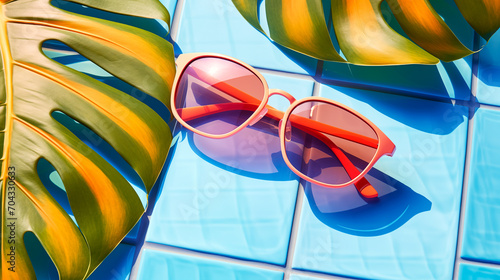 Vacation Banner background sunglasses and monstera tropical leaf on the tiles edge of the pool