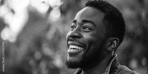A black and white photo capturing a man with a genuine smile. Suitable for various uses