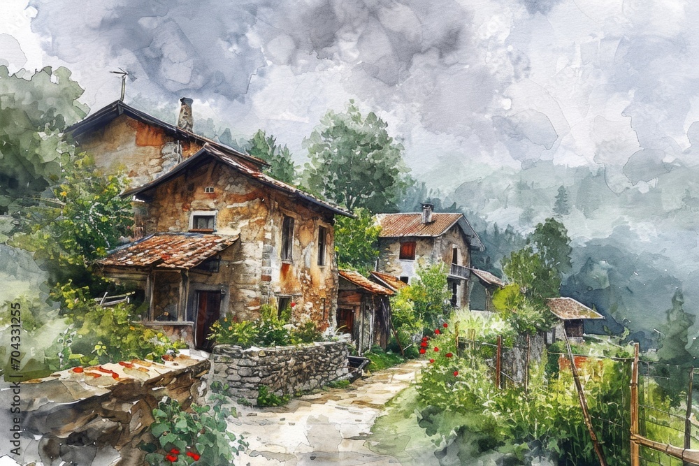 A beautiful watercolor painting depicting a charming house in the countryside. Perfect for adding a touch of rustic elegance to any space A beautiful watercolor painting depicting a charming house in the countryside. Perfect for adding a touch of rustic elegance to any space