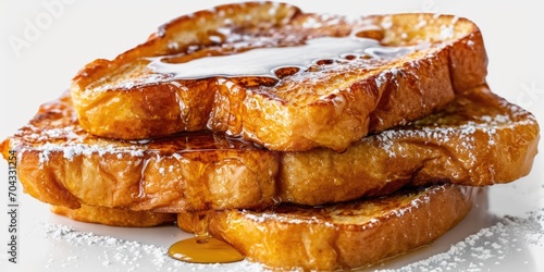 A delicious stack of French toast sitting on a white plate. Perfect for breakfast or brunch. photo