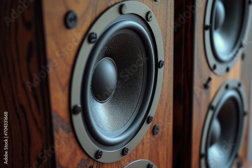 Speakers placed on a wooden wall, suitable for music-themed designs