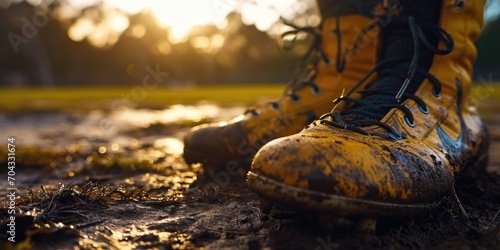 A close-up image of a person's shoes covered in mud. This versatile picture can be used to depict various scenarios involving outdoor activities, nature exploration, or messy situations photo