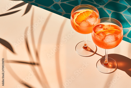 Cocktail aperol spritz on the tiles edge of the pool, shadows overlay photo