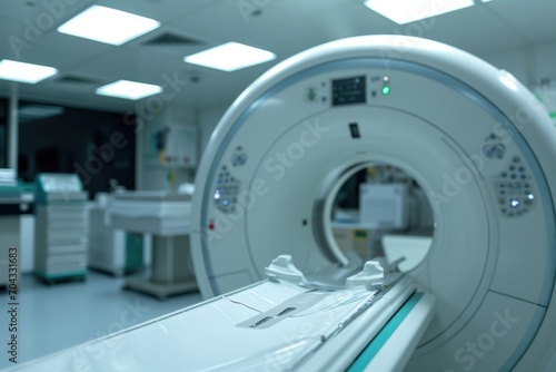 A medical room featuring an MRI machine in the foreground. Suitable for healthcare and medical concepts
