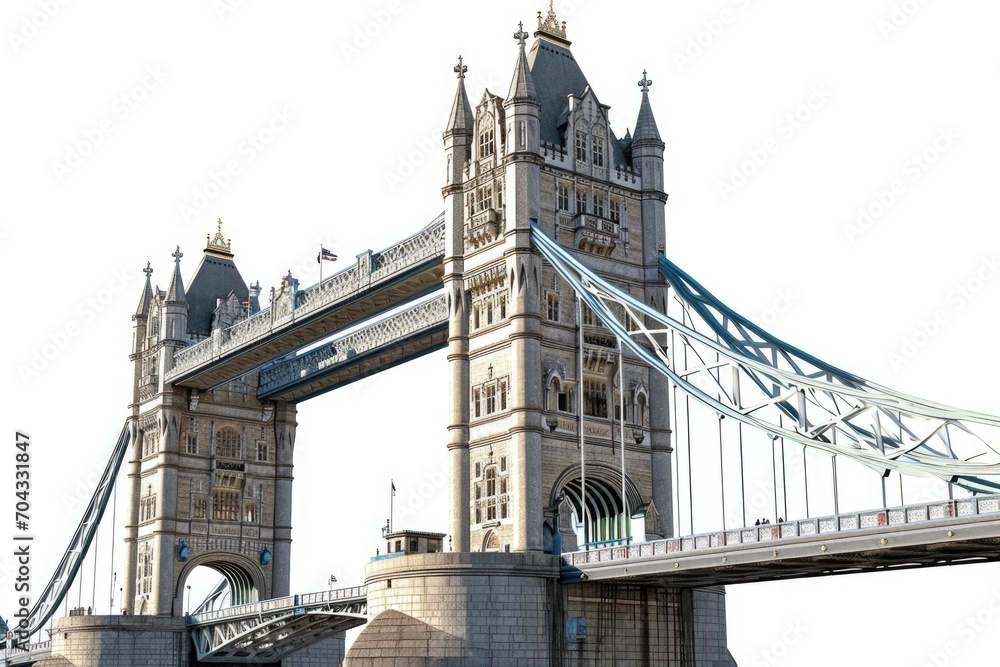 Obraz premium A picture of a very tall bridge spanning across a body of water. This image can be used to depict transportation, engineering, or urban infrastructure.