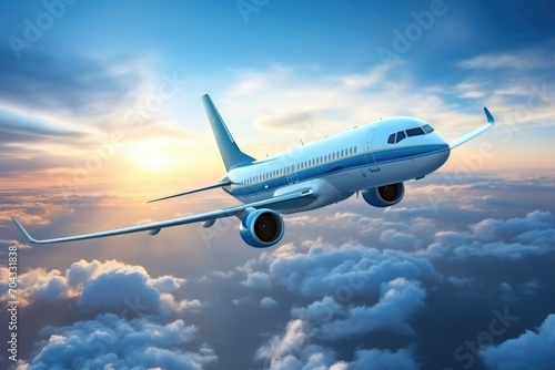 A modern airplane soars through a majestic sky, surrounded by billowing clouds, a testament to human innovation."