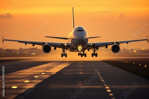 Front view of a modern airplane taking off at sunset, its form outlined against the radiant evening sky