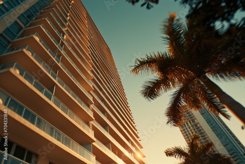 A picture of a tall building with palm trees in front of it. Suitable for travel brochures or cityscape publications