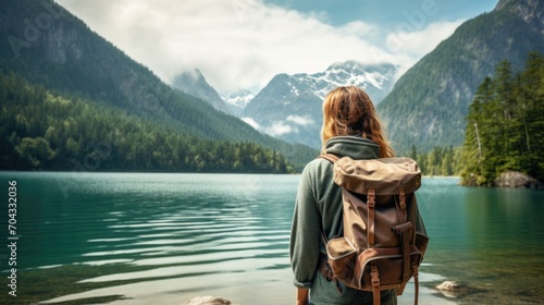 "Hiker on the lake shore, facing the majesty of distant mountains in quiet anticipation."