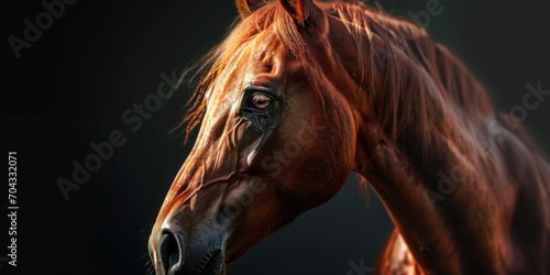 A close-up view of a brown horse against a black background. Perfect for equestrian-themed projects or animal lover designs