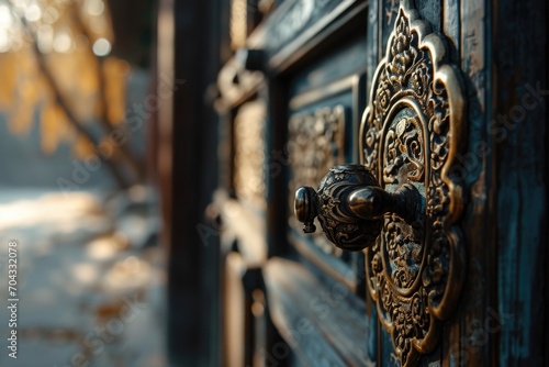 A detailed close-up of a door handle on a wooden door. This image can be used to depict home security, interior design, or the concept of opening and closing doors photo