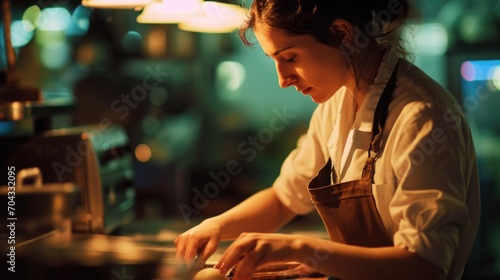 A woman in an apron preparing food in a kitchen. This image can be used to depict cooking  meal preparation  or home cooking