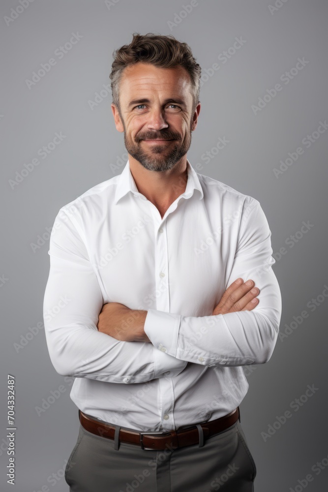 Portrait of a confident businessman standing on gray background and looking at camera. Portrait of a confident businessman standing on gray background and looking at camera.