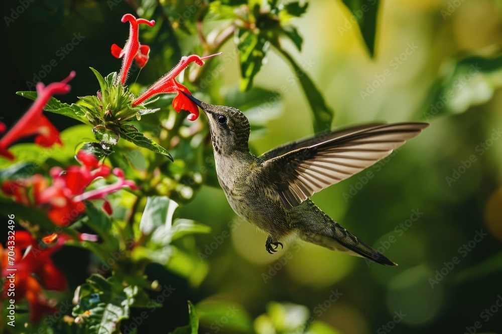 Obraz premium A vibrant hummingbird captured in flight near a beautiful flower. Perfect for nature enthusiasts and garden lovers