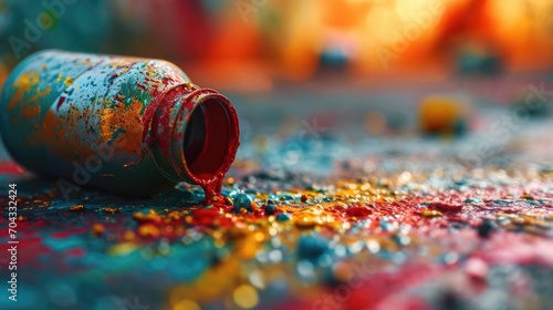 A paint can that has been spilled and is sitting on the ground. This image can be used to depict accidents, DIY projects gone wrong, or the concept of messiness photo