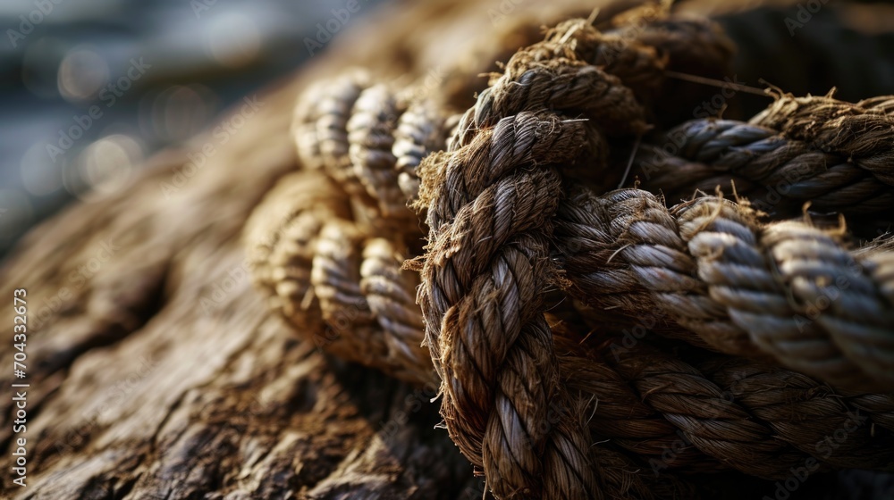 A detailed close-up of a rope tied to a piece of wood. This versatile image can be used to convey concepts such as strength, security, or outdoor activities. A detailed close-up of a rope tied to a piece of wood. This versatile image can be used to convey concepts such as strength, security, or outdoor activities.