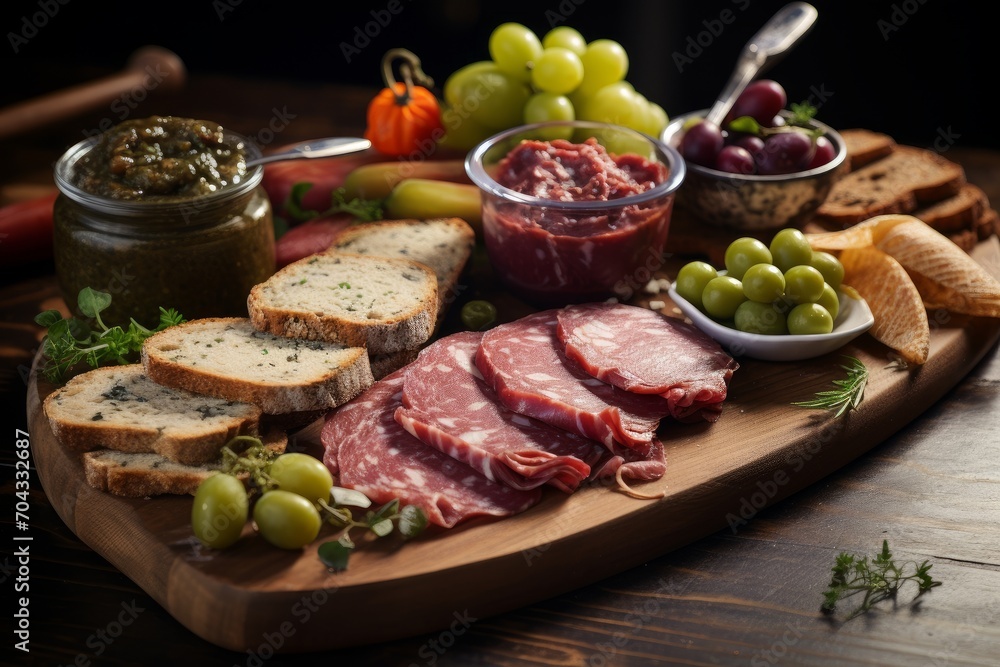 Photo of a charcuterie platter featuring prosciutto and chorizo. Generative AI