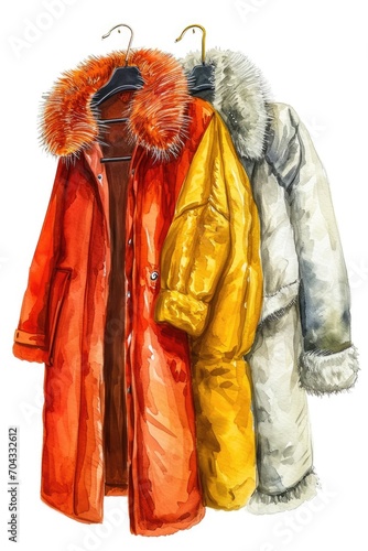 Three coats hanging on a clothes rack. Suitable for fashion, retail, or home organization concepts