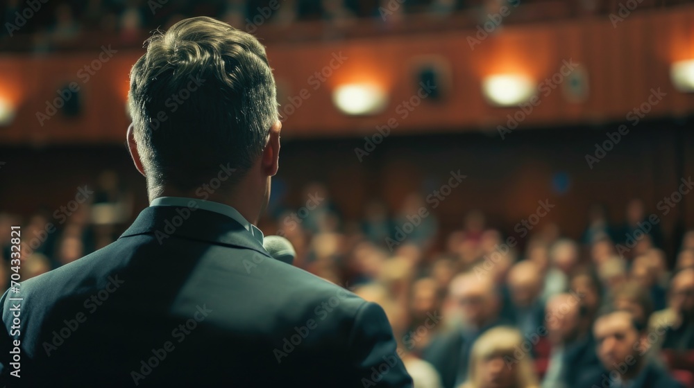 A professional man dressed in a suit stands confidently in front of a large crowd. Suitable for business presentations and leadership concepts A professional man dressed in a suit stands confidently in front of a large crowd. Suitable for business presentations and leadership concepts