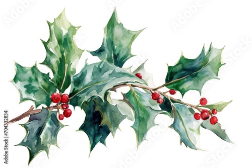 A beautiful watercolor painting depicting holly leaves and berries. Perfect for holiday and Christmas-themed designs