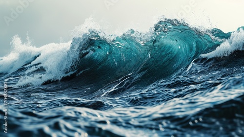 A powerful wave crashes and breaks in the vast ocean. This image captures the raw energy and beauty of the ocean's force. Perfect for use in projects related to nature, water, and adventure