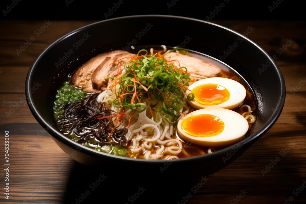 Photo of a bowl of traditional ramen with broth and toppings. Generative AI