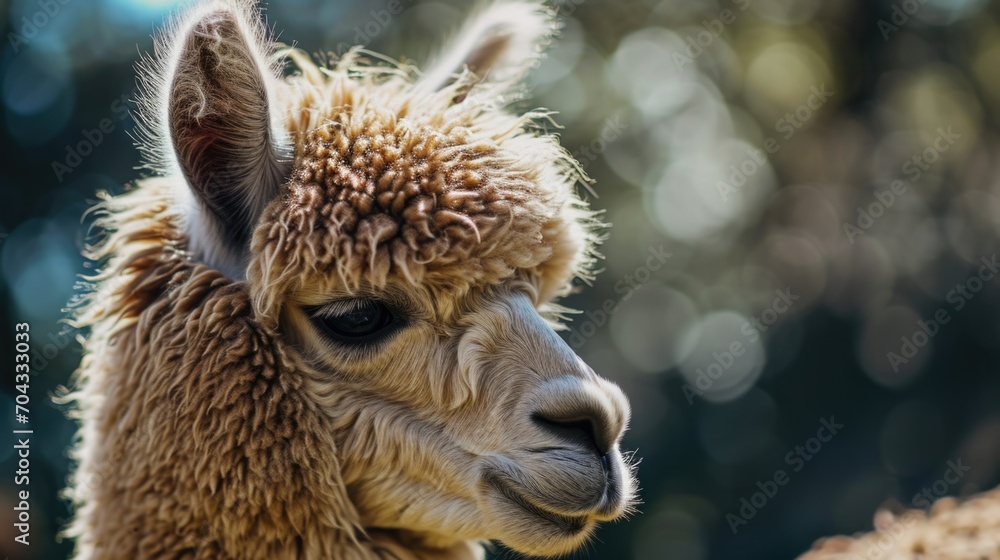 A detailed view of a llama with a blurred background. This image can be used to add a touch of nature and animal beauty to any project
